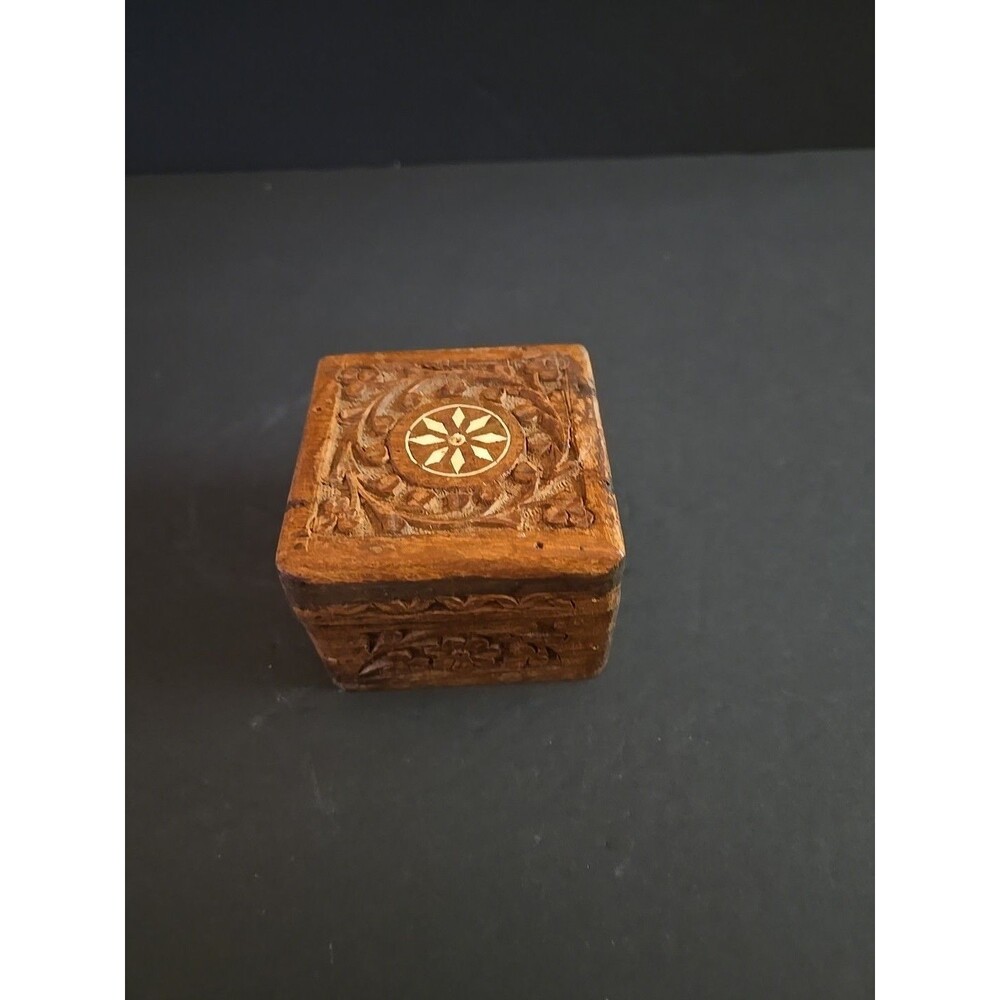 Vintage Hand Carved Wooden Box Inlay Floral Decor Made In India Hinged Square